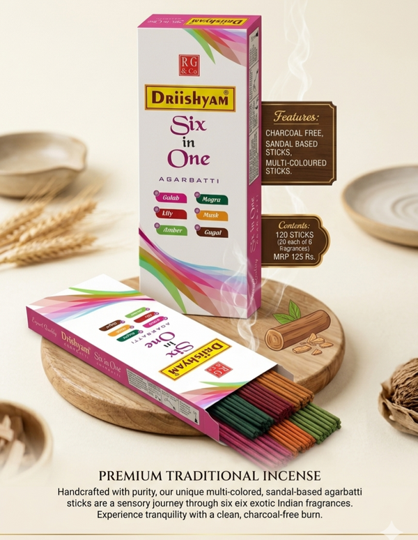6 in 1 Premium Incense Sticks / Charcoal Free/ Sandal Based/ Multi coloured sticks (120 sticks)