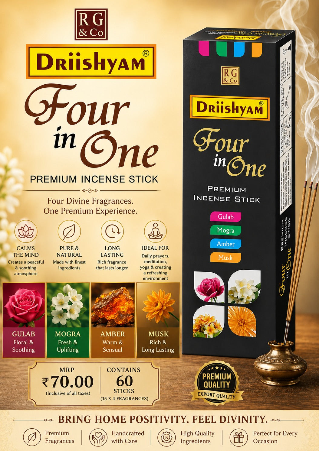 4 in 1 Premium Charcoal Free Incense Sticks (60 sticks)
